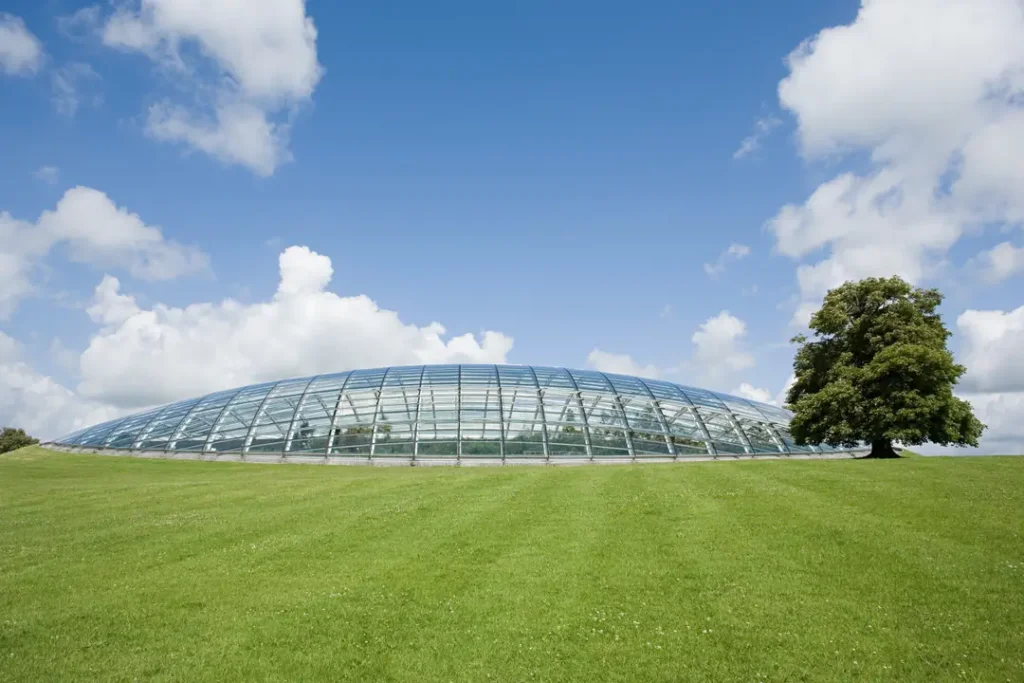 a glass dome on a grassy field